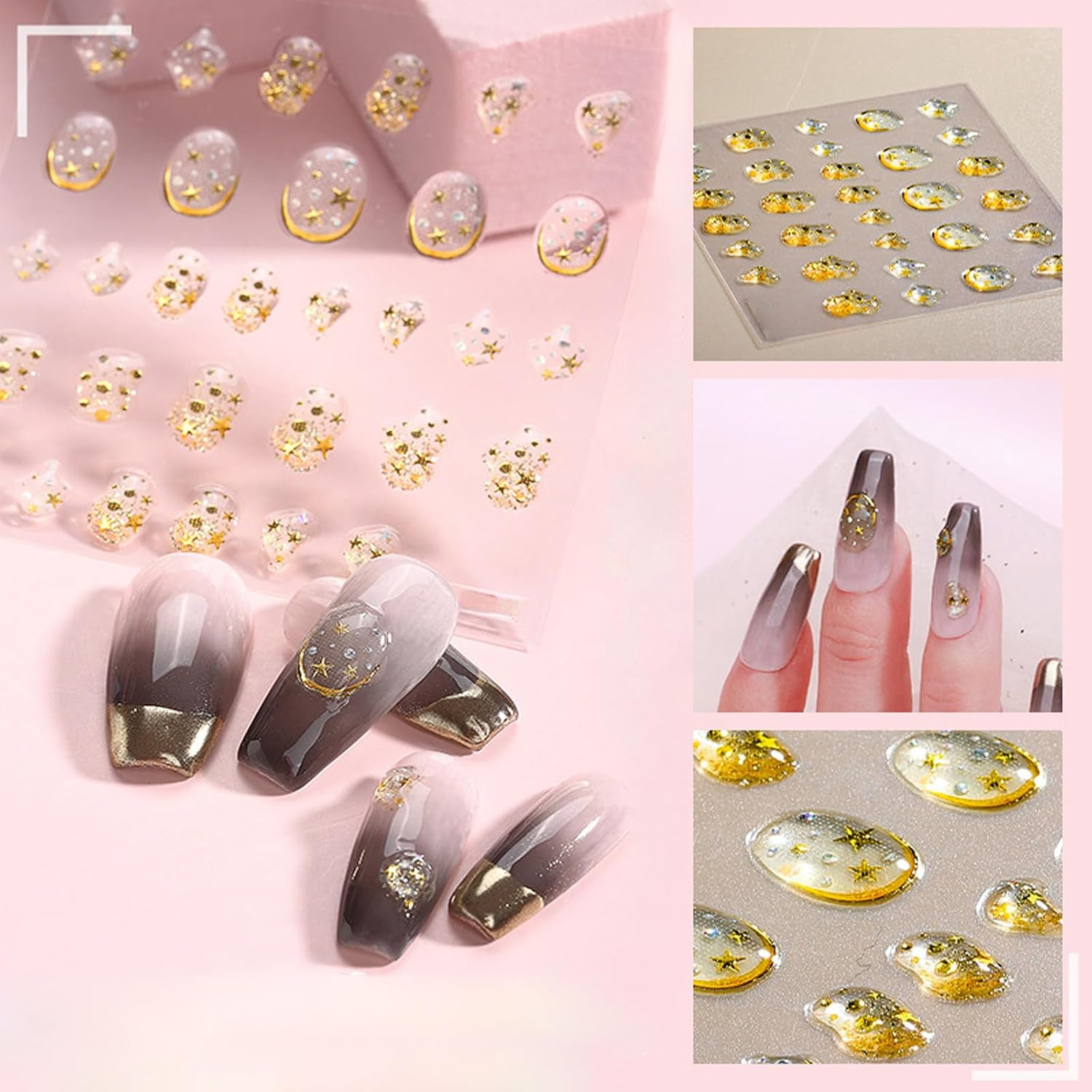 6 Sheets 5D Gold Embossed Nail Art Stickers Gem Crystal Irregular Geometric Fram