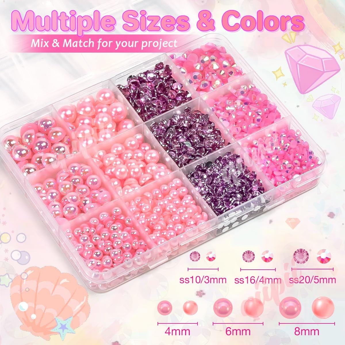 qiipii 3mm-8mm Dark Pink Flatback Pearls and Rhinestones for Bedazzling Craft…