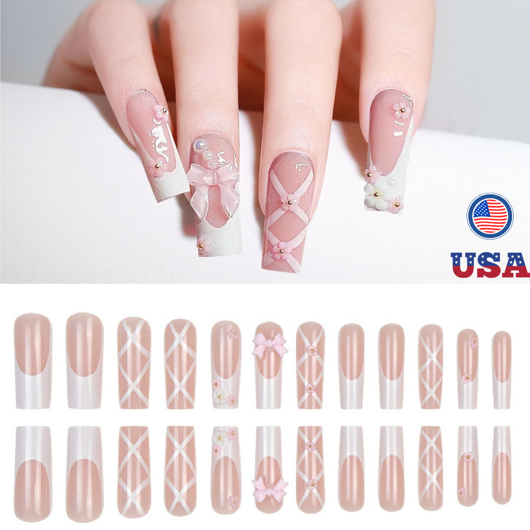 24x French Press on Nails Medium Rhinestone Pink Fake Nails Almond Bling Glossy