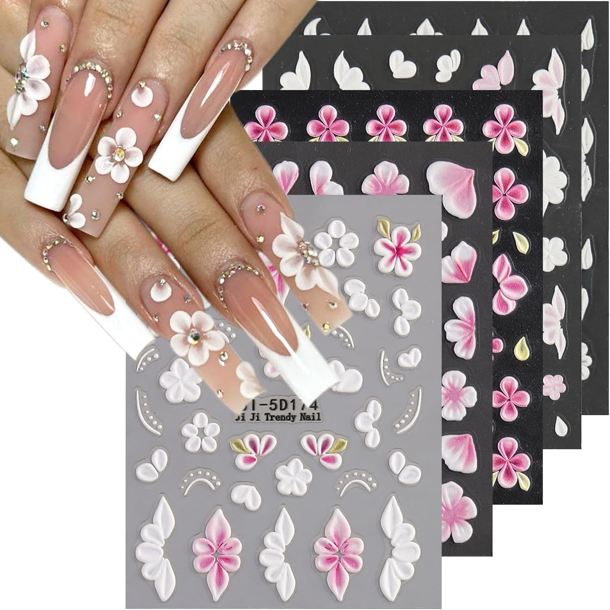 5D Embossed Flowers Nail Art Stickers, 5PCS Self-Adhesive Pink White Flower Stic