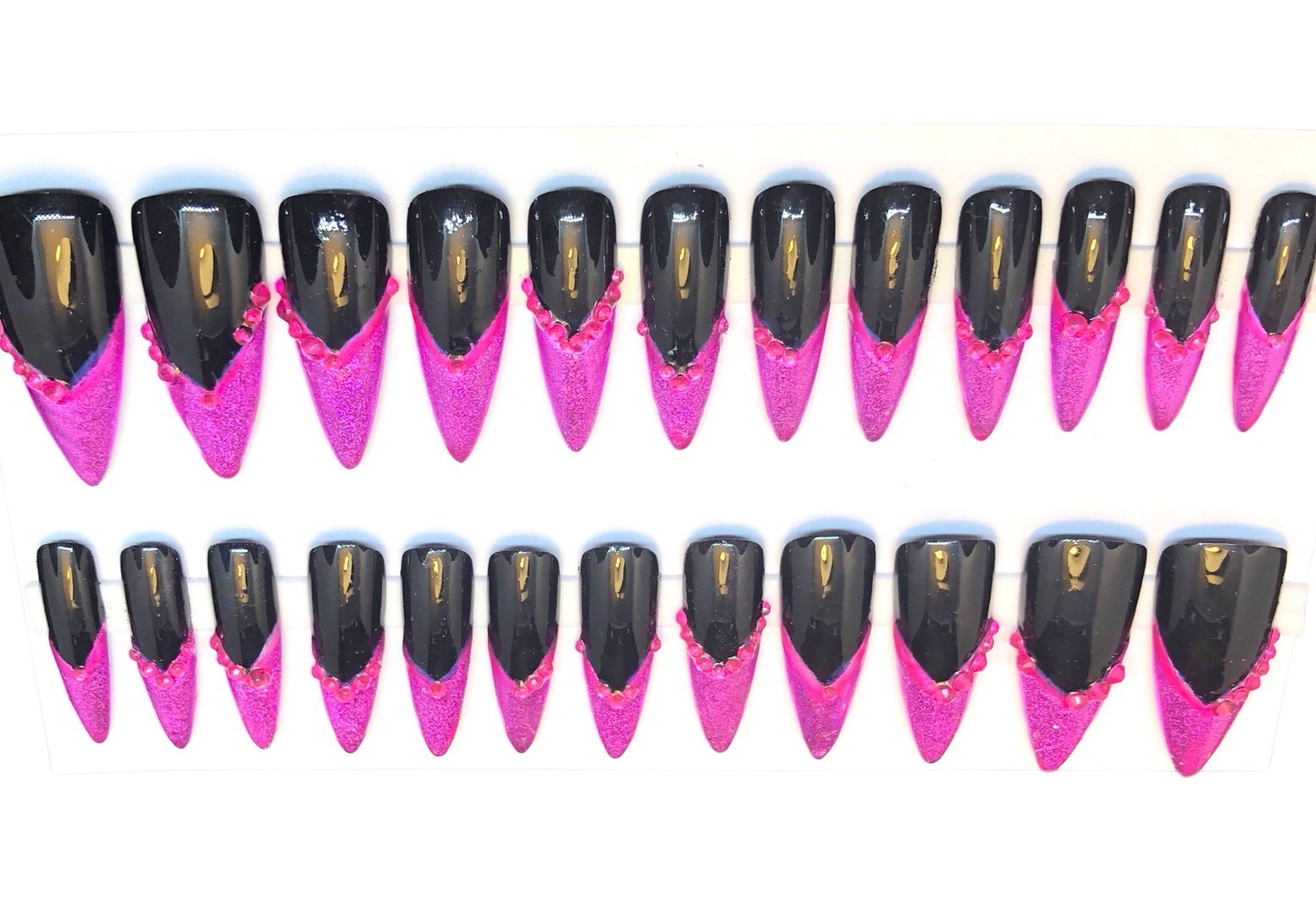Custom Handmade Press On Nails Long Stiletto Black & Pink Hologram French Tips