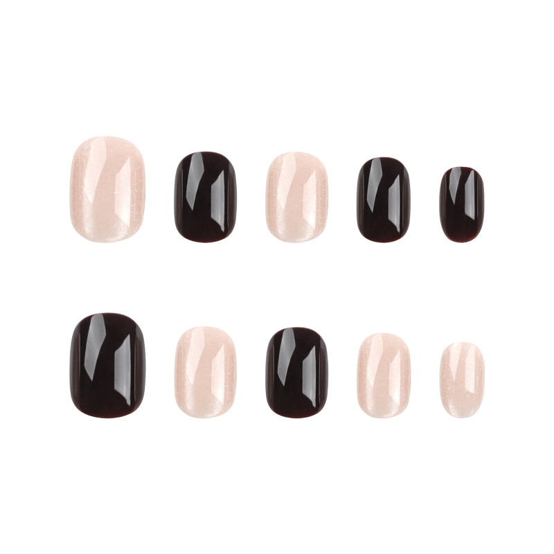 48pcs Short Almond Press on Nails, Black Brown Gold Cat Eye Glitter Mix Nails