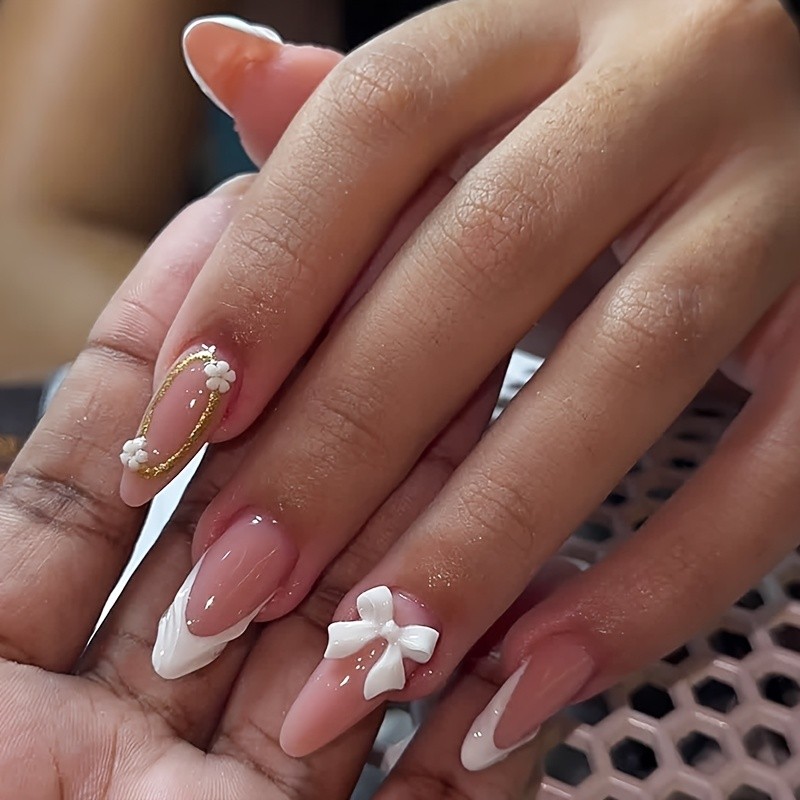 30Pcs-Long Almond Nude White Wavy French Gold Line 3D Bow Flower Press on Nails