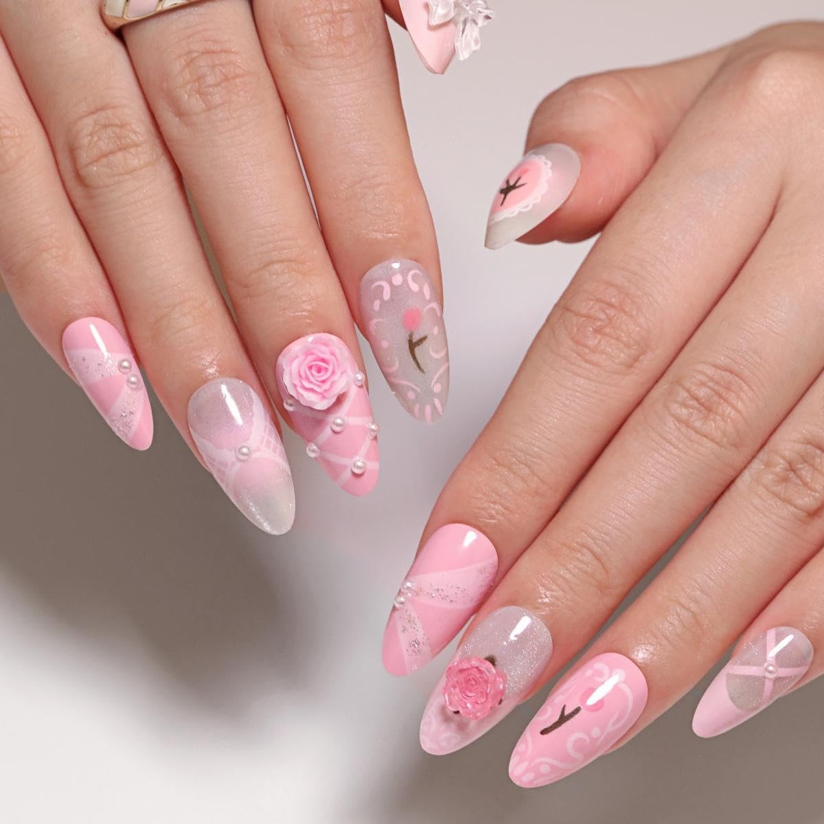 Handmade Press on Nails Medium Almond Fake Nails Pink False Nails with Pearl D