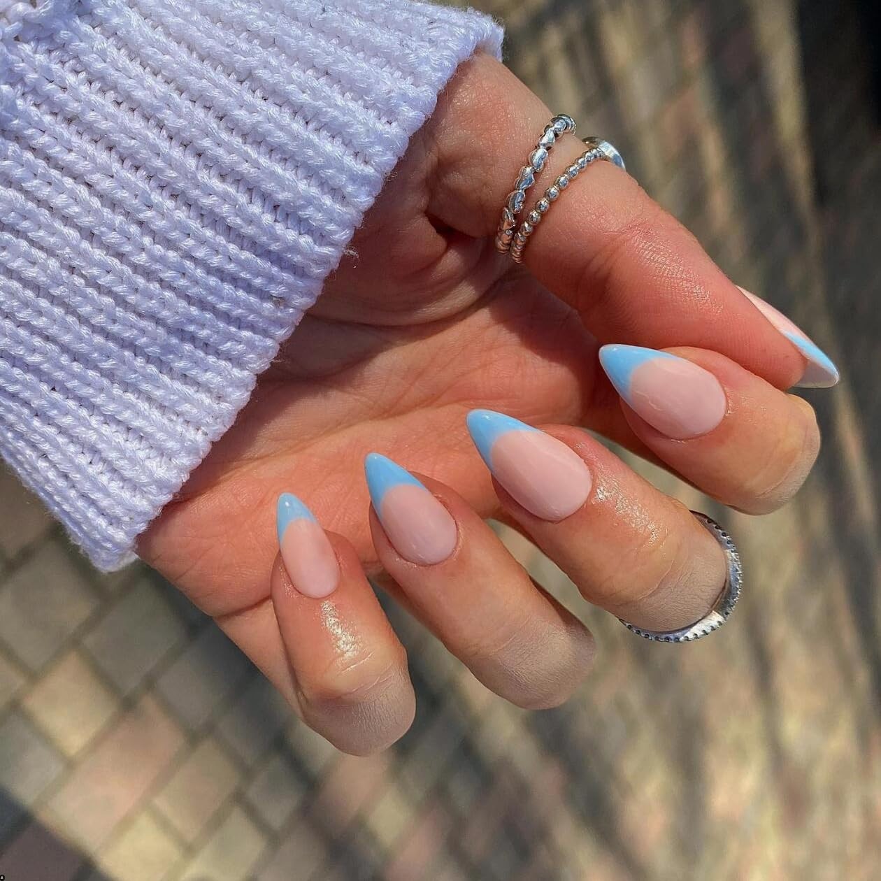 KQueenest 30 Pcs Baby Blue French Tip Press on Nails Short Almond Nails Acryl…
