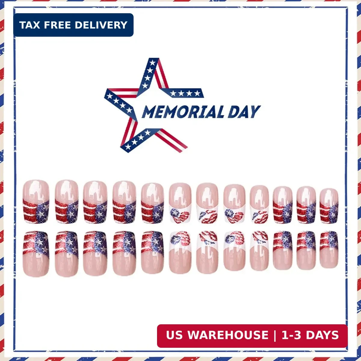 4th of July Press on Nails Medium Square French Tip Fake Nails Red White Blue Gl