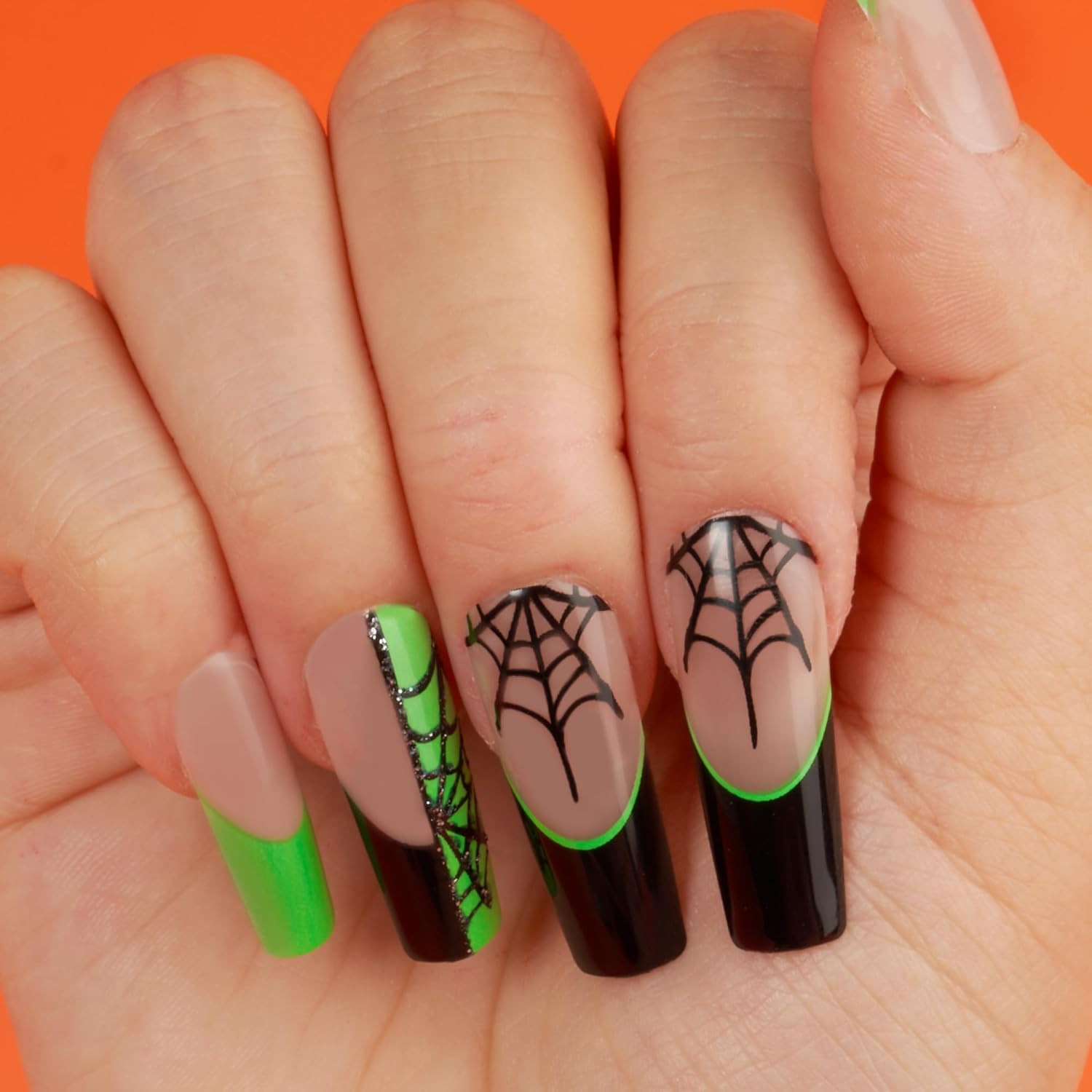 24 Pcs Halloween False Nails, Press on Long Coffin Square Fake Nails, Glue on Sp