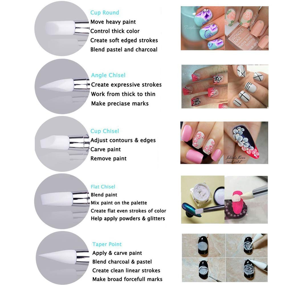 5pcs Nail BRUSH SET Dotting Acrylic UV Builder Art Gel Nail Silicone Brush Kits