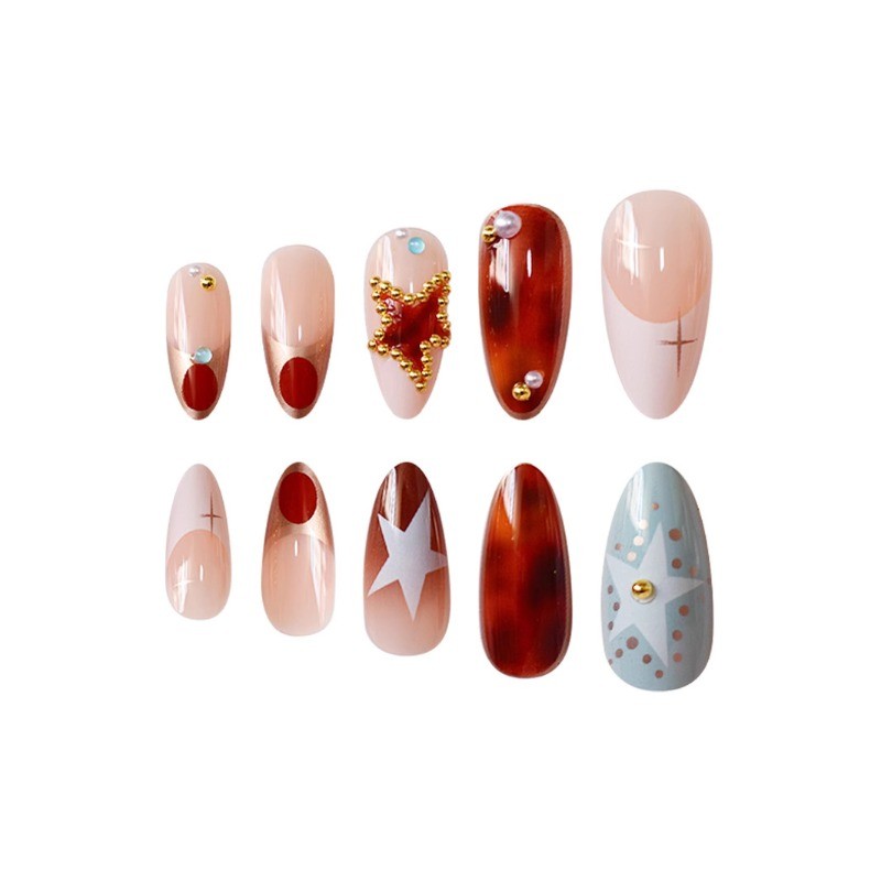 24Pcs-Amber Star Rhinestone Press on Nails Glossy Almond Nail Art Set for Women