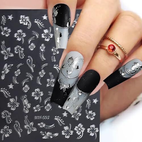 Flower Nail Stickers, Hibiscus Nail Decals 3D Self-Adhesive White Pink Gold