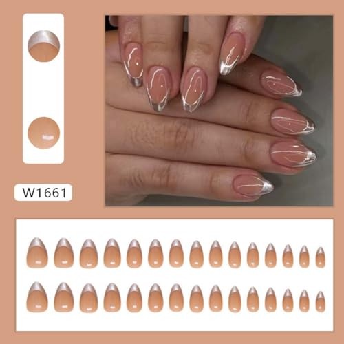 Silver French Tip Press on Nails Medium Almond Fake Nails Silver Short Style-40