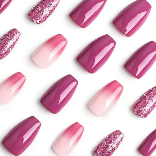 24Pcs Glitter Press on Nails Coffin Medium Fake Nails Pink Purple Nails Press