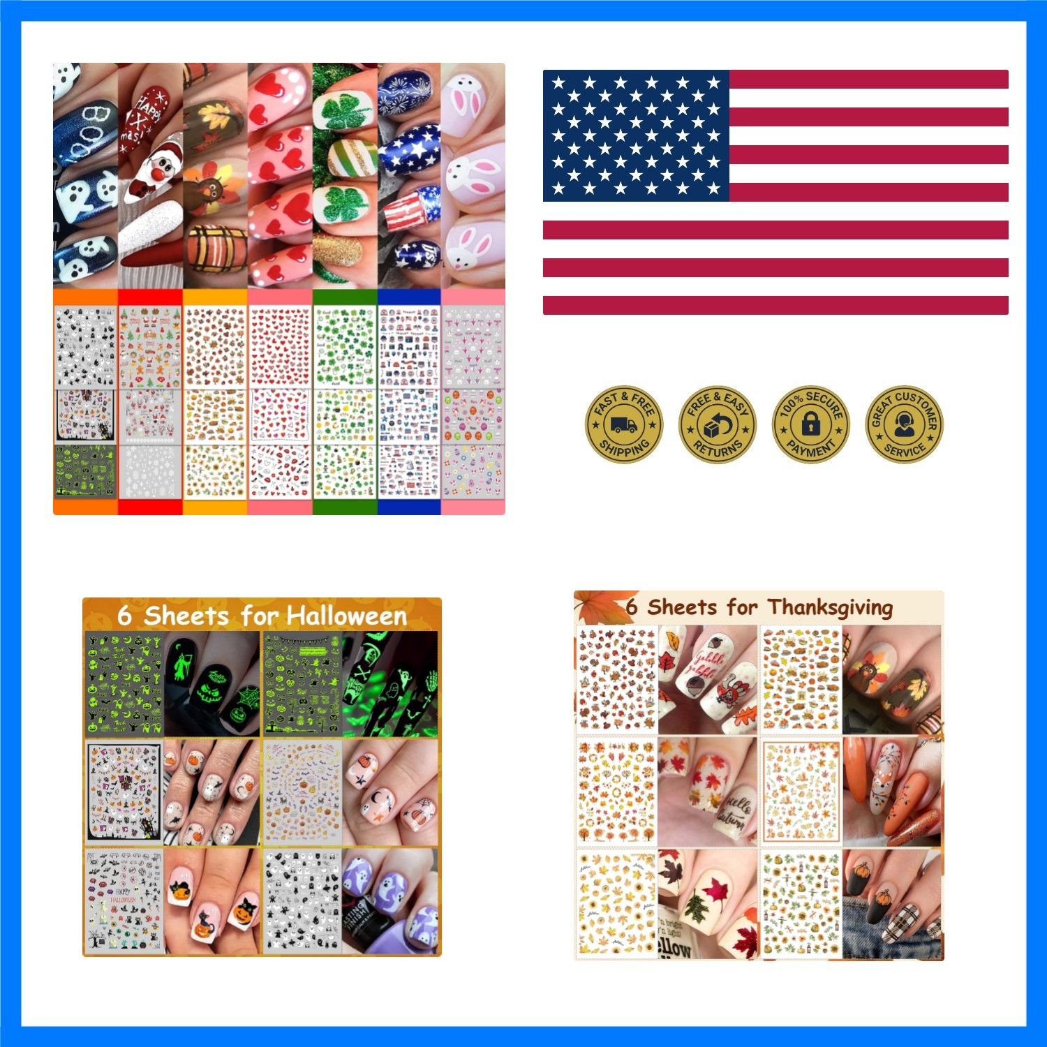 30 Sheets 7 Holiday Nail Art Stickers, Mixed Season Nail Decals Set for All ,…