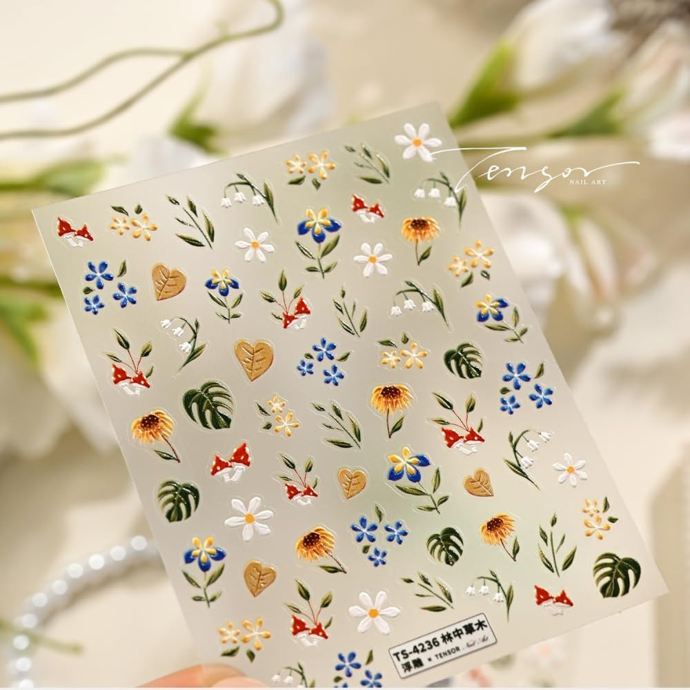 Flower Nail Stickers Floral Daisy Nail Decals 5D Embossed Blue Yellow Nail Desig