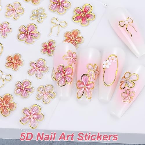 5D Nail Stickers Set for Women Girls, 2 Sheets 3D Flower & Butterfly Nail Pink