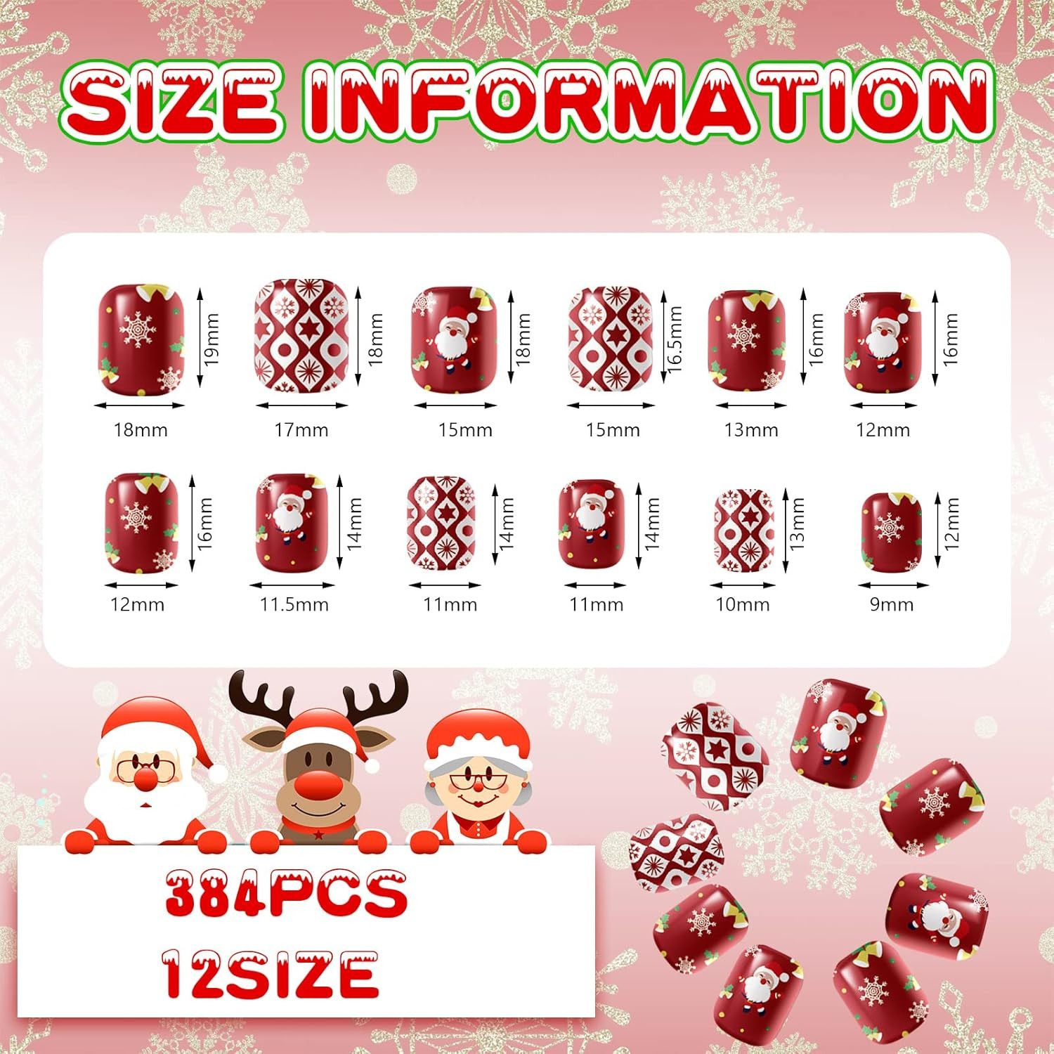384Pcs 16Pack Christmas Press on Nails Winter Square Short Red Fake Nails with S