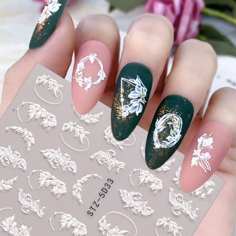 Pure White 5D Embossed Rose Flowers Butterfly Nail Stickers Adhesive Manicure
