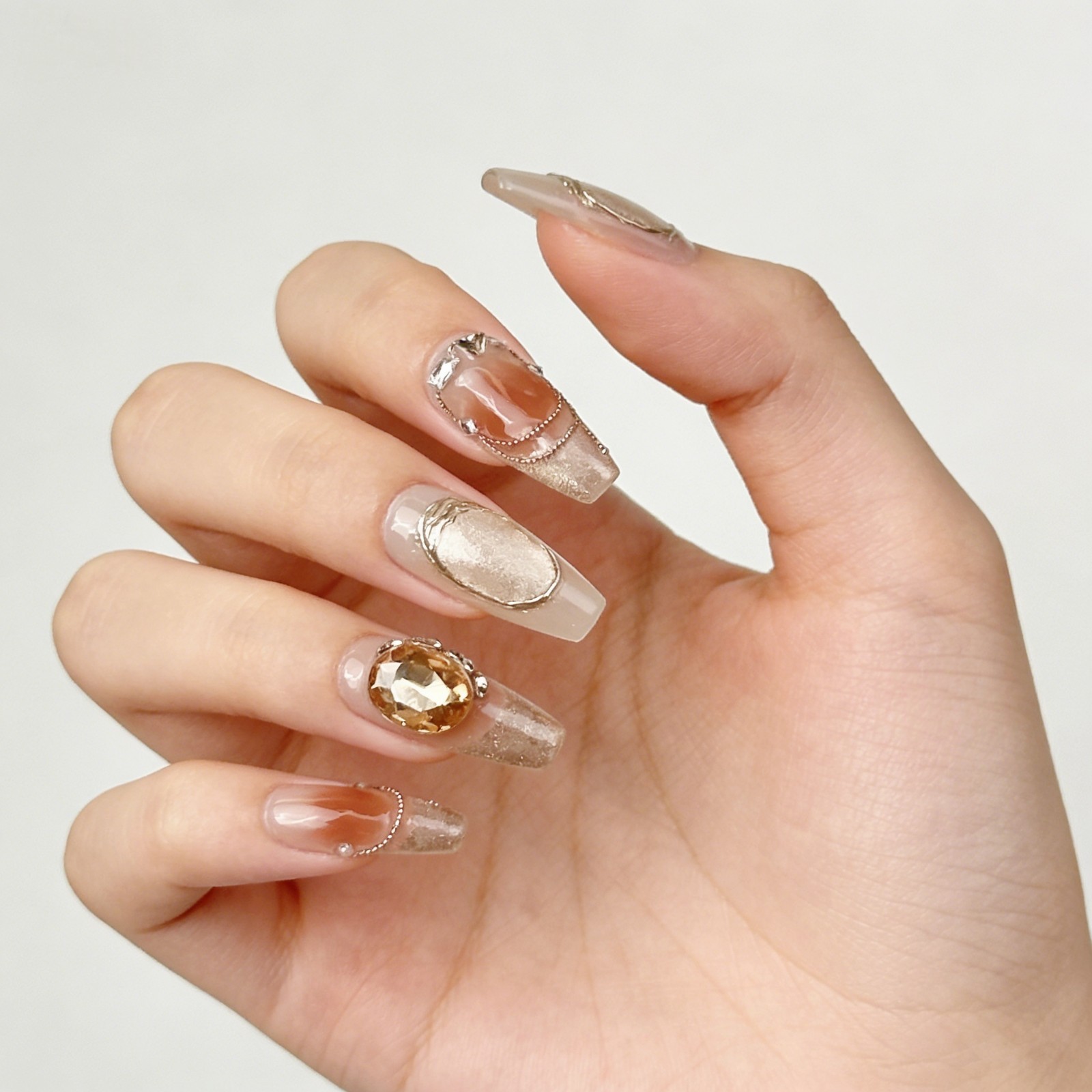 Marble Brown Cat Eye Amber Press On Nails, 3D Gold Luxury Handmade Nail Set
