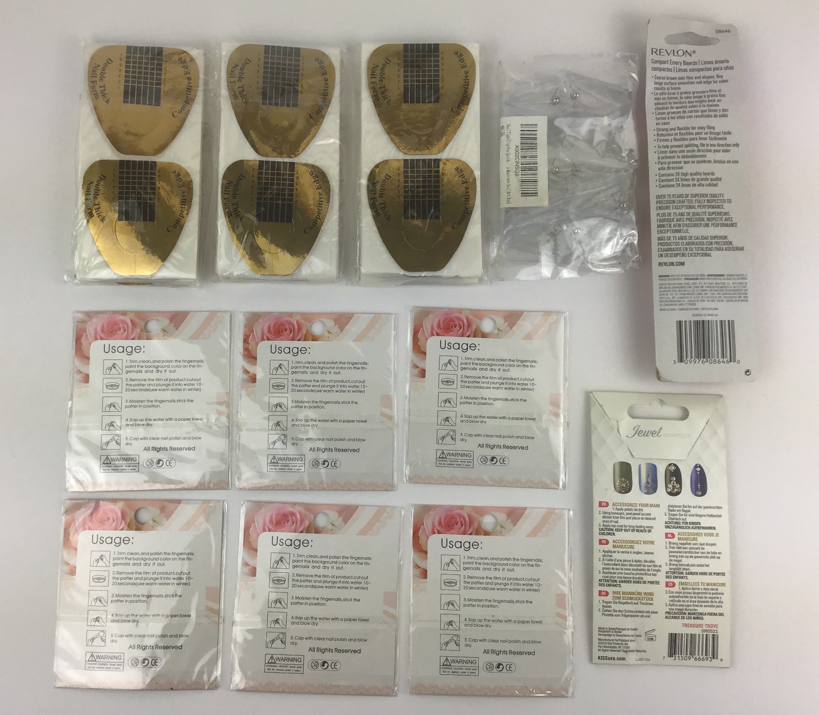 Lot of Nail Art – Forms, Tip Clips, Decals, Jewel Accents, & 24 Revlon Files