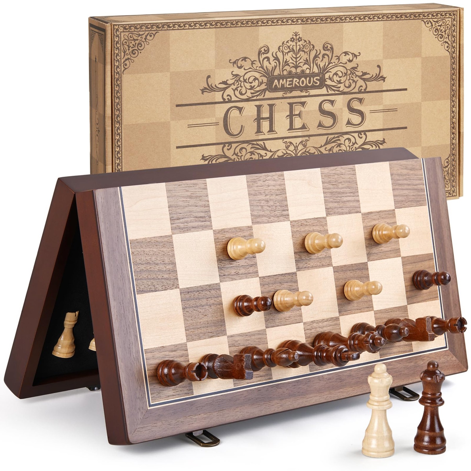 AMEROUS 15” Magnetic Wooden Chess Set for 15 x 15 x 1 inches, Walnut, Maple