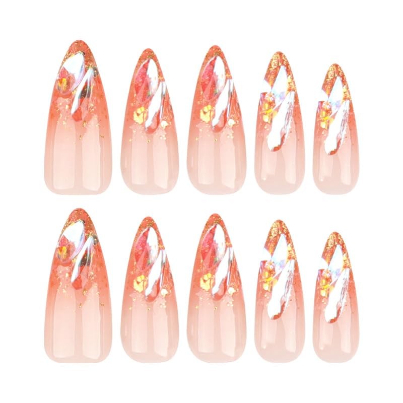 Medium Press on Nails Almond Shaped French Ombre French Ombre Gold Glitter A01
