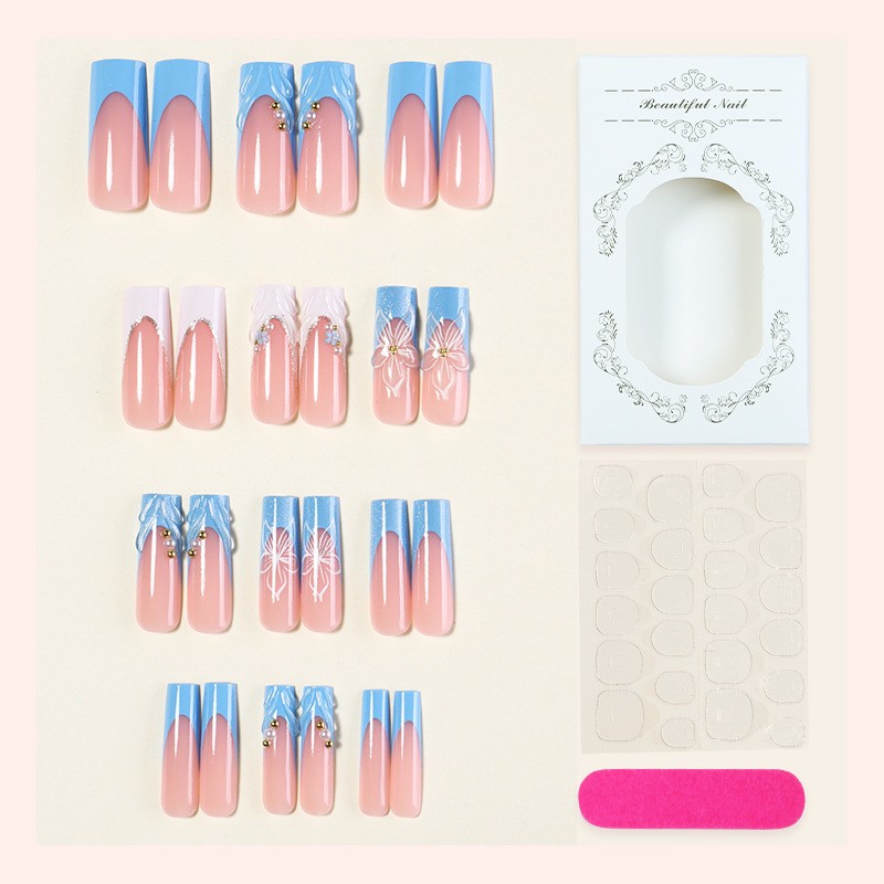 48pcs Long Square Press on Nails, Blue White Lace Flower Pearl Rhinestone Nails