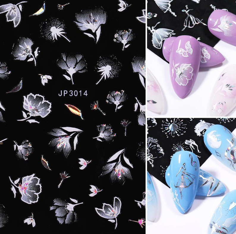 5D Embossed Snowflake Butterfly Rose Flowers Nail Stickers White Decals DIY NH14