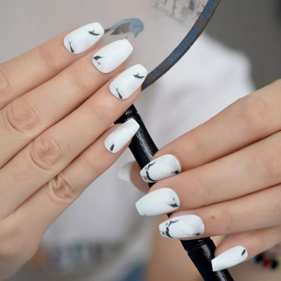 24 Matte White Marble Press on nails kit glue Classy black stone medium coffin