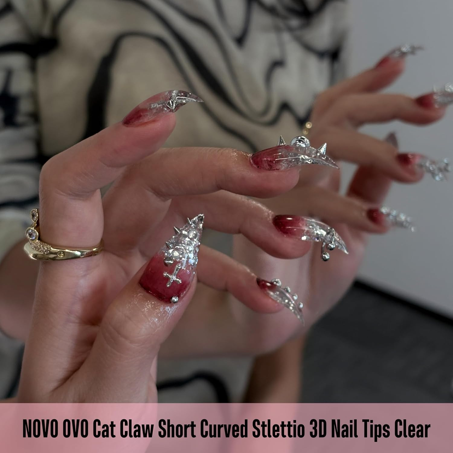 3D Cat Claw Nail Tips, 128Pcs Short Curved Stiletto Press on Nails with Built-In