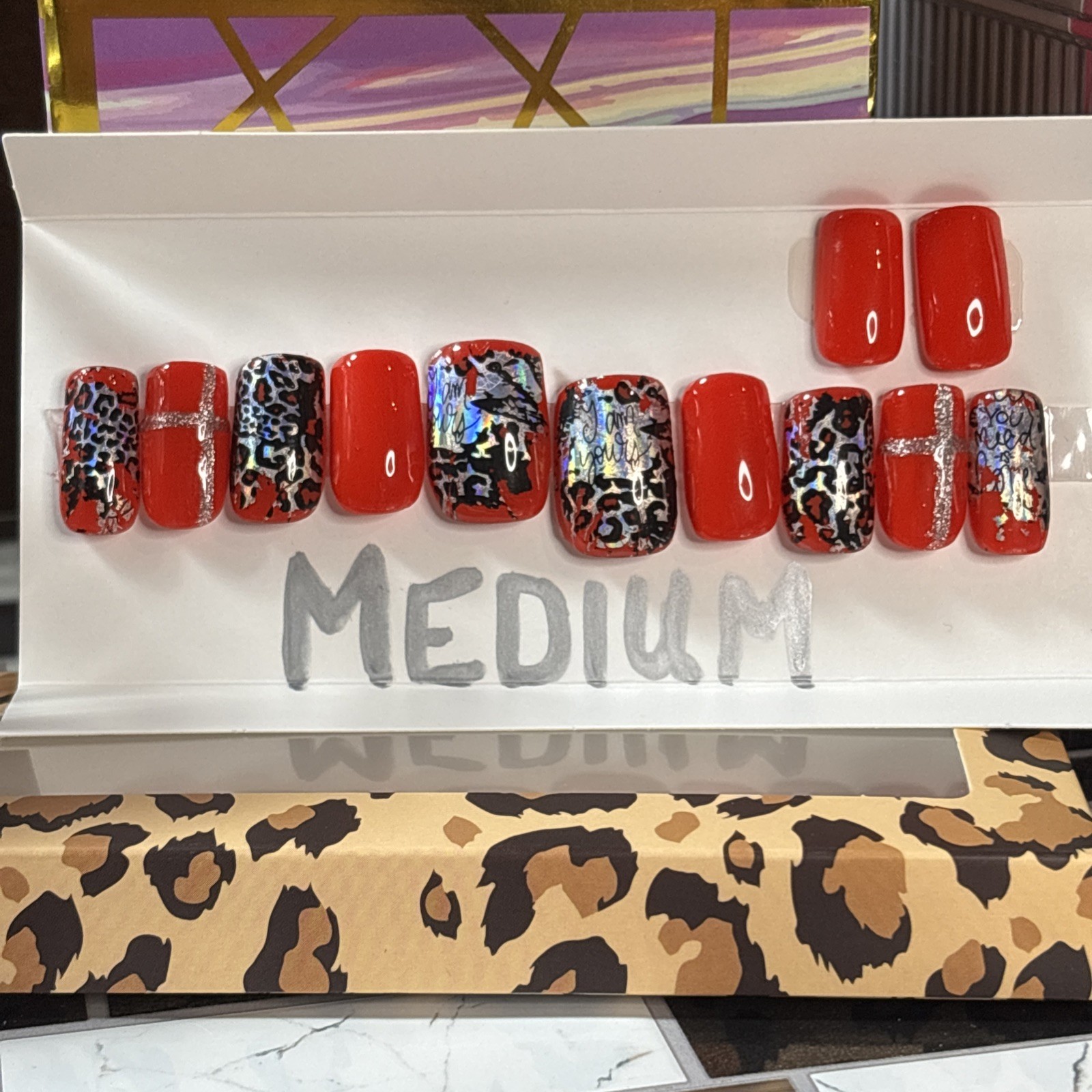 Press-On Nails Sz. Med-Square Red,Black&Silver w/Foil/glitter accents