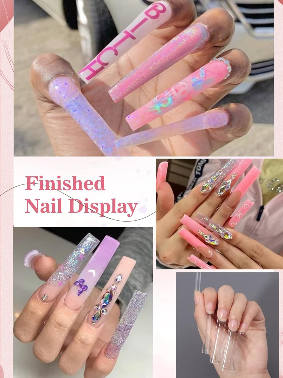 Clear Square Nail Tips, 504PCS 3XL Long No C Curve Nail Tips, Half Cover Flat Ta