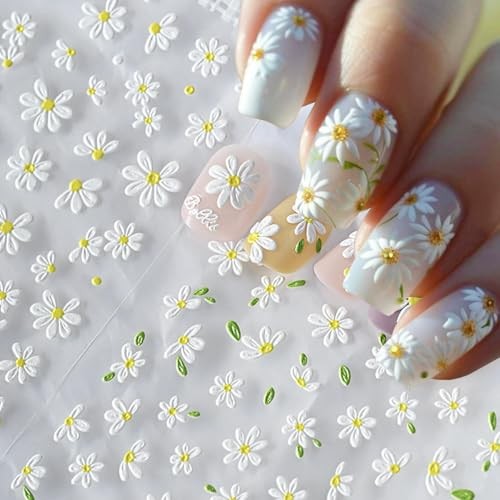 White Daisy Nail Stickers 5D Embossed Flower Art Stickers Decals Style10