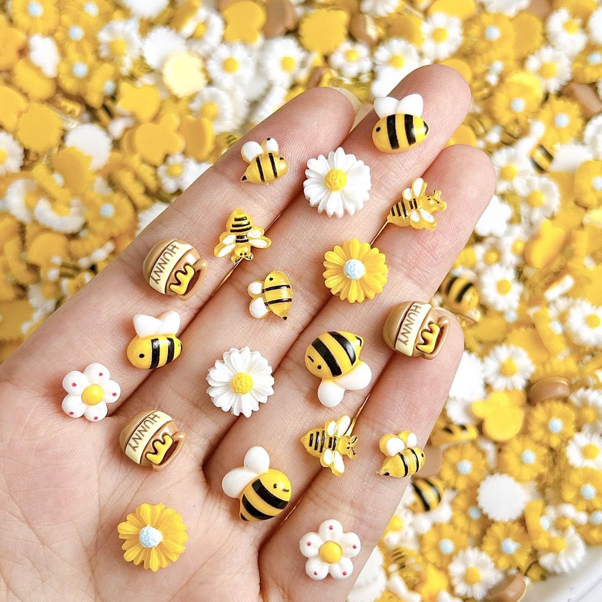 120Pcs Cartoon Bee Nail Charms for Nail Art Cute Flower Nail Charms Resin Bee…