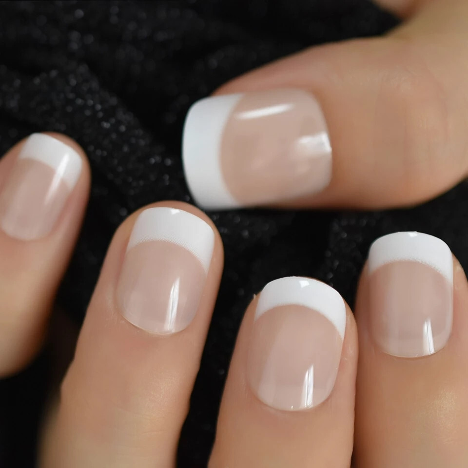24 Short Press on nail kit w/ glue French Mani Clean line Classic nude white