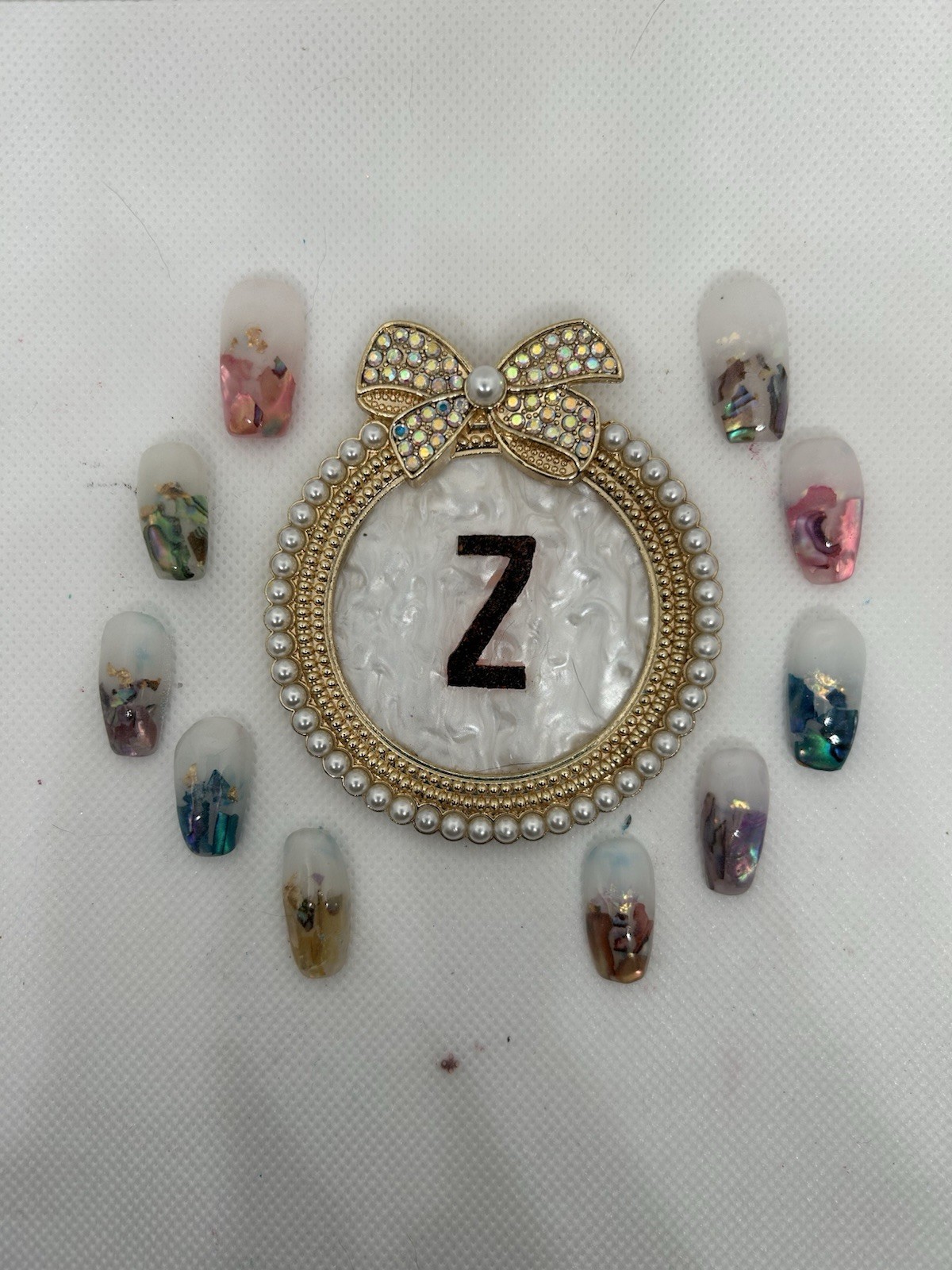 Z NAILZ! Handmade Gorgeous Milky White & Encased Abalone Shell Press On Nails