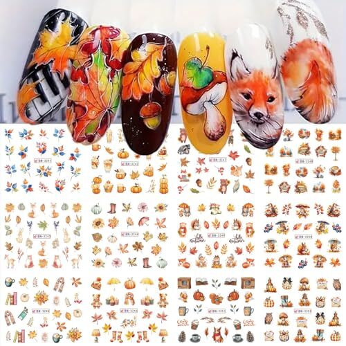 Fall Nail Stickers 12 Sheets Fall Leaf Nail Decals Water Transfer Design 1