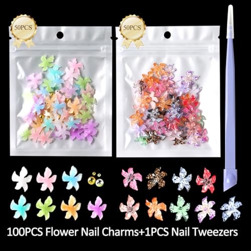 100PCS Nail Charms Acrylic Flower Nail Art Decorations 3D Lily Hibiscus Floral