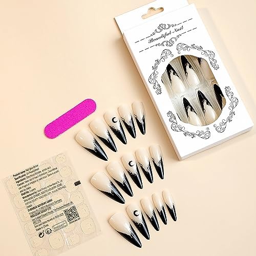 Halloween Stiletto Press on Nails Long Fake Nails Black French Glue Nq207goth