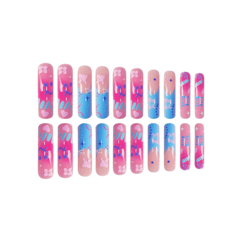 48pcs Y2K Blue Pink Hawaii Style Press on Nails, Sweet Cool Long Fake Nails