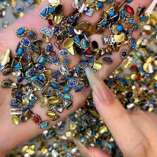 50Pcs Colorful Rock Nail Charms Retro Metal Bohemia Nail Art Charms Retro