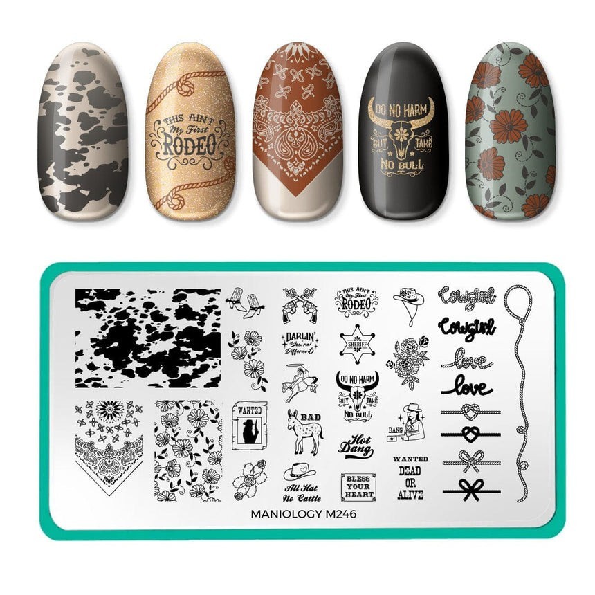 Maniology M246 Nail Stamp Plate Cowboy Gowgirl Rodeo Love Bandana Cow Bull Knot