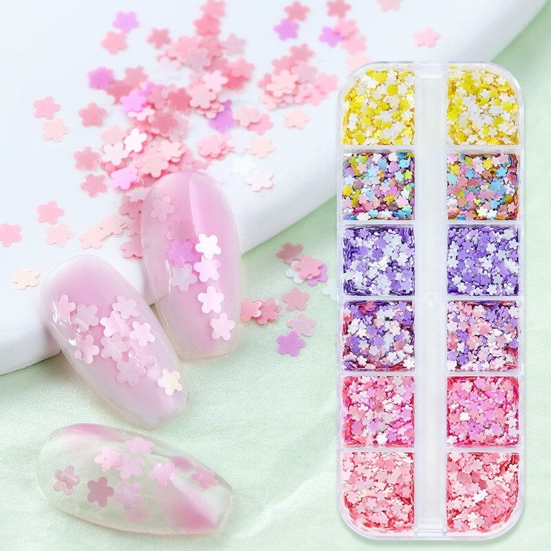 12 Grids Nail Sequins ~Glitter Flower Flakes Sparkly False Nail Art Tips Decor