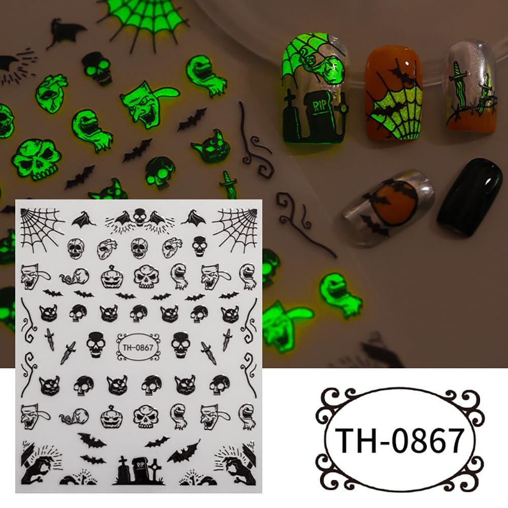 Halloween Nail Stickers, 6 Sheets Black Ghost Nail Decals 3D Self-Adhesive Small
