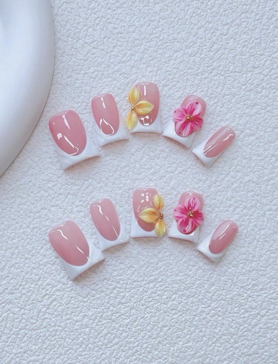 Medium Pink White French Tips Square Full Cover 3D Flower Nail Art Set