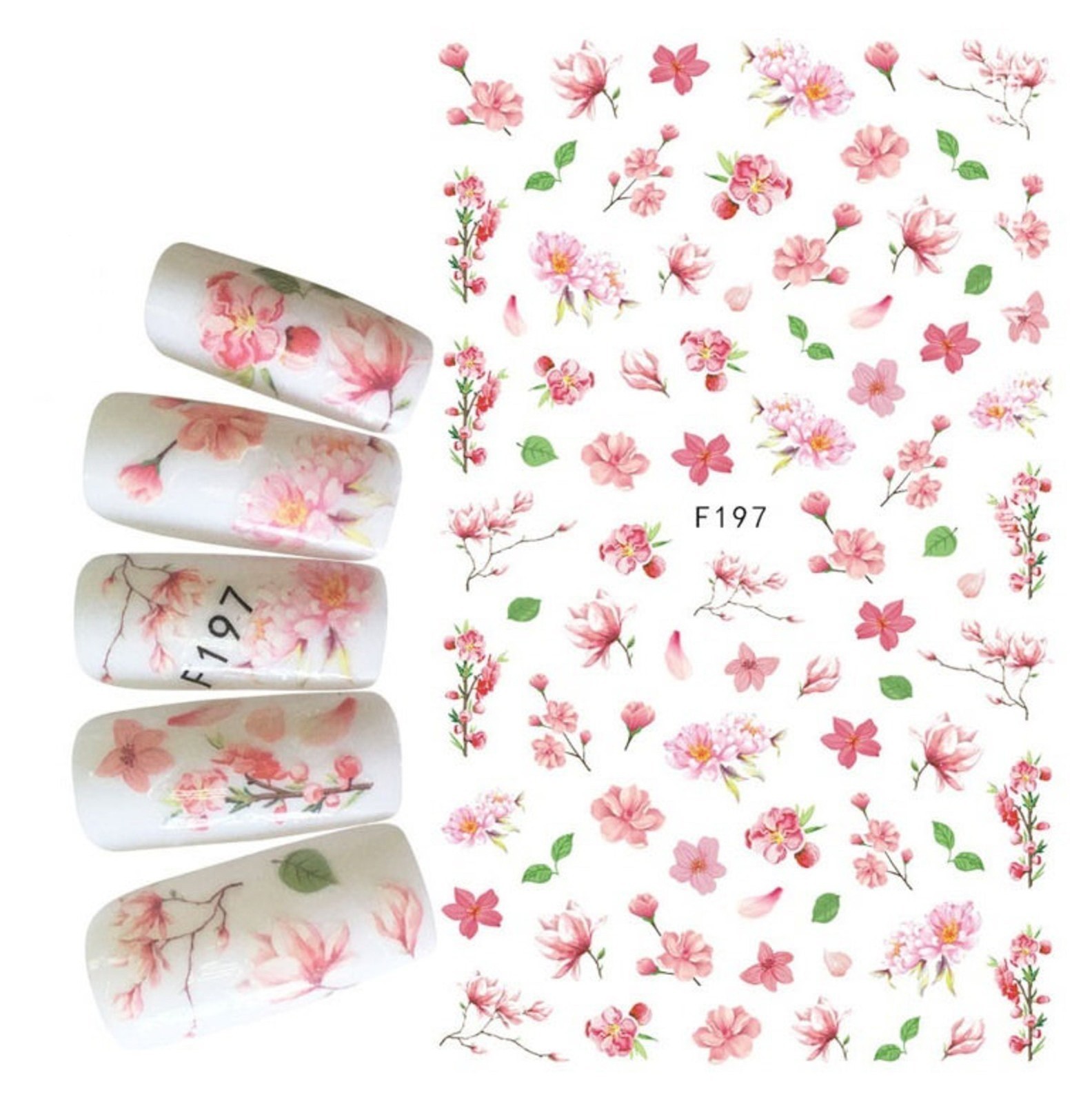 Nail Art 3D Decal Stickers beautiful pink flower green leaf F197