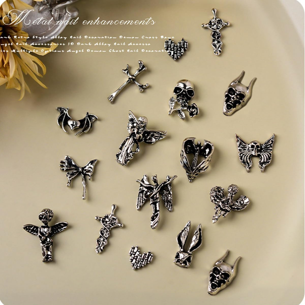 30 PCS 3D Nail Charms Halloween Nail Art Charms Antique Silver Love Shape Nail C