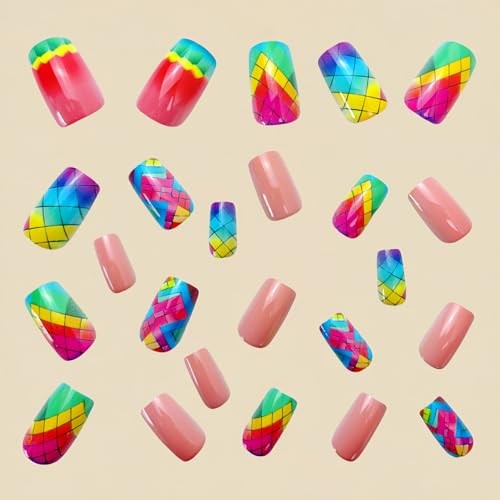 Square Press on Nails Colorful Rhombus Plaid Design Fake Nails Medium Style 8