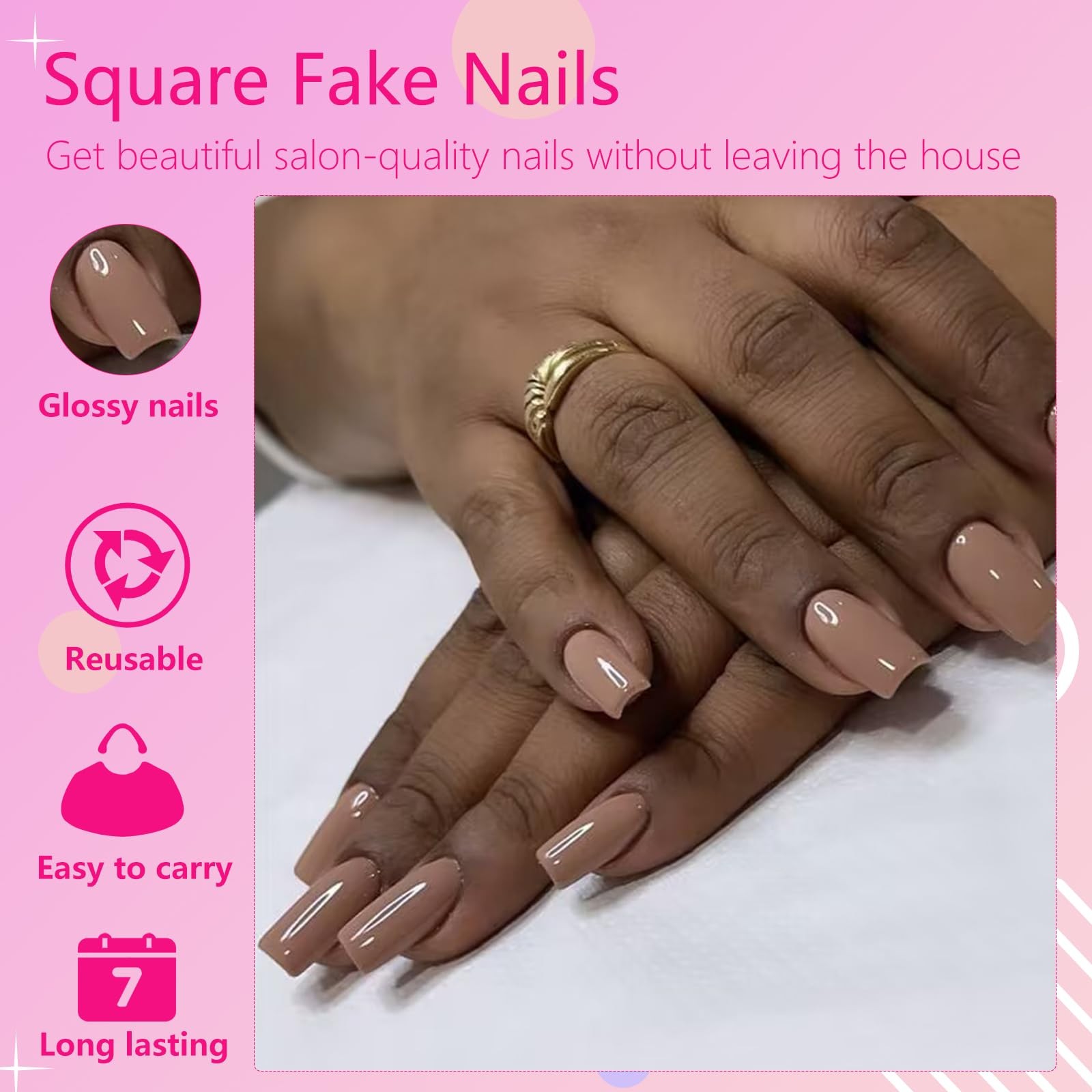 AddFavor 240pcs Brown Press on Nails Medium Square Fake Nails, 10 Size,