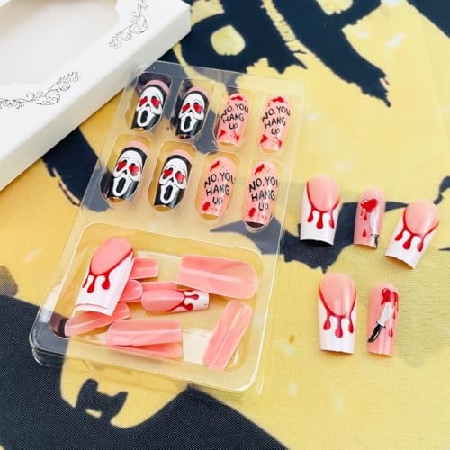 24Pcs Halloween Long Square French Tip Press On Nails, Bloody Ghost Design, Acry