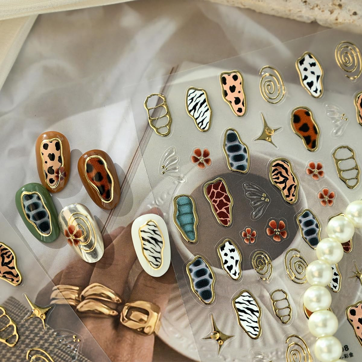 Leopard Print Nail Art Stickers 5D Embossed Retro Gold Nail Decals Self-Adhesive